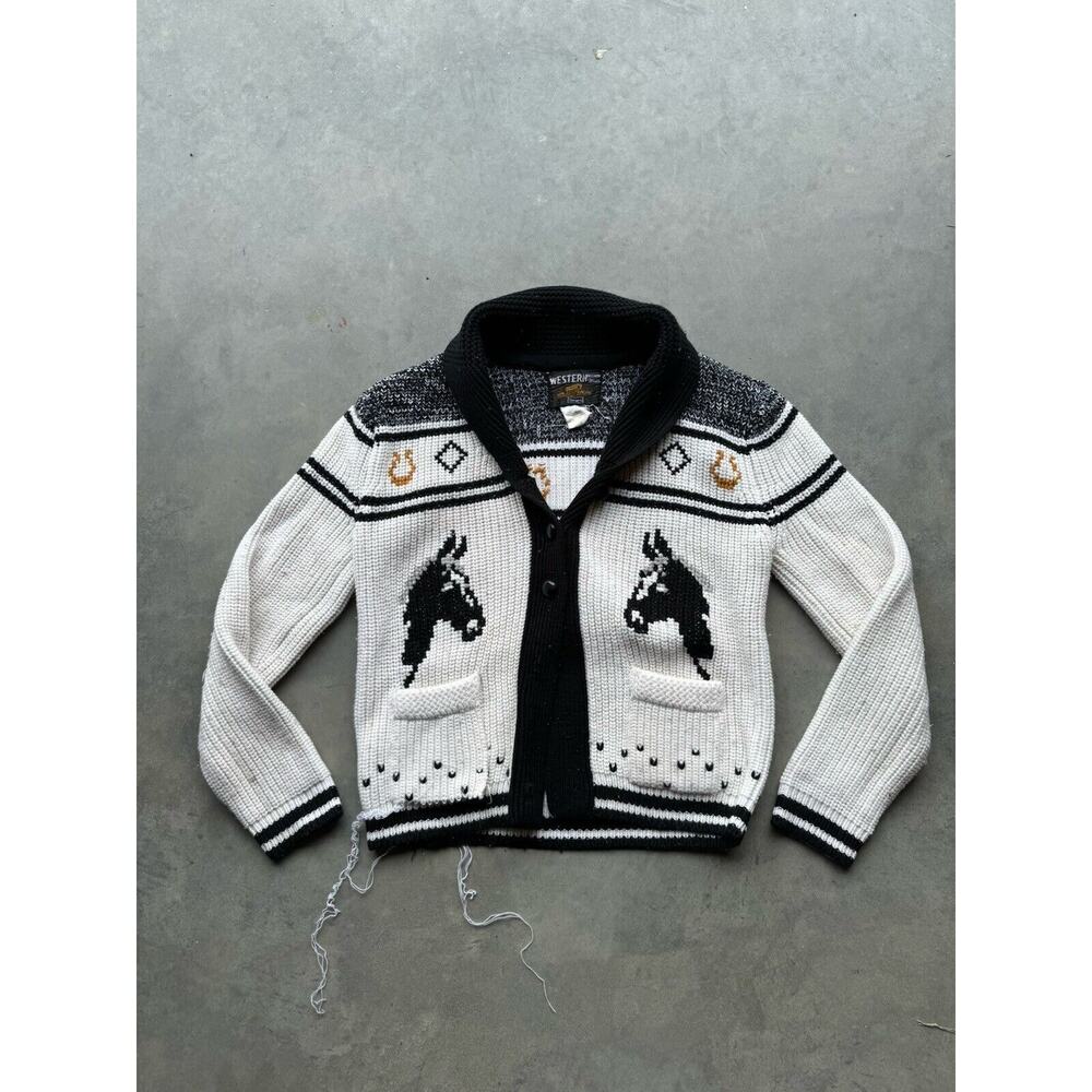 1950s Vintage Western Sears Men’s Size M Cowboy Horses Sweater Cardigan Flaws